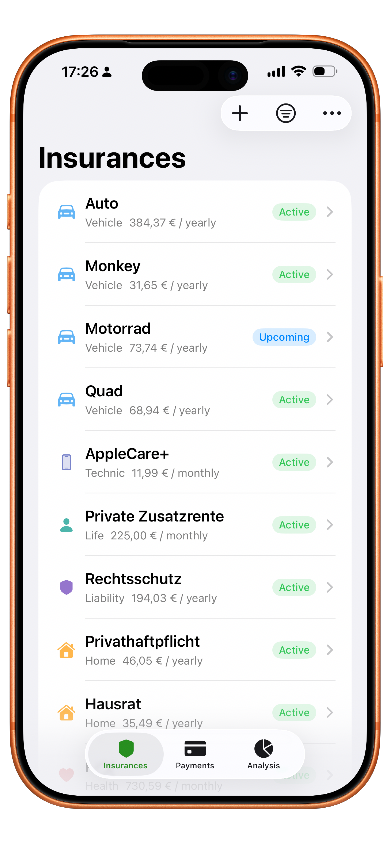 Screenshot of mobile app with a list of insurances