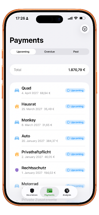 Screenshot of mobile app with payment overview