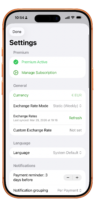 Screenshot of mobile app with settings
